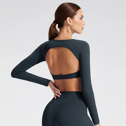 Women Fitness T Shirt Long Sleeve Open Back Pilates Yoga Padded Crop Top Running Workout Fitness Blouse
