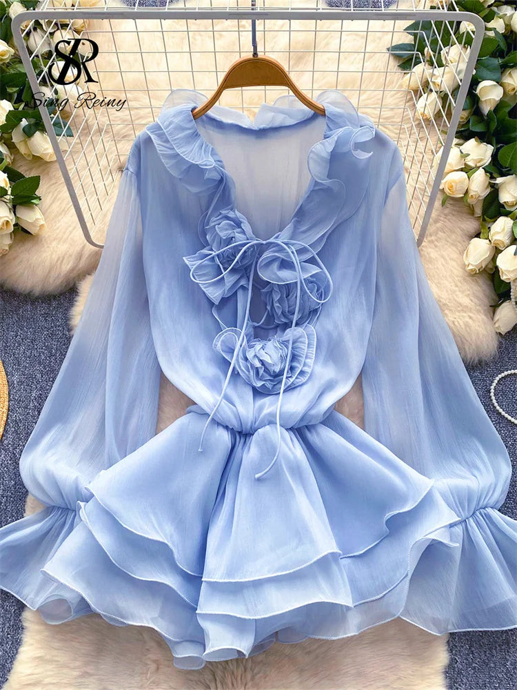 Women's 3D Floral Chiffon Dress - Long Sleeve Beach Sundress
