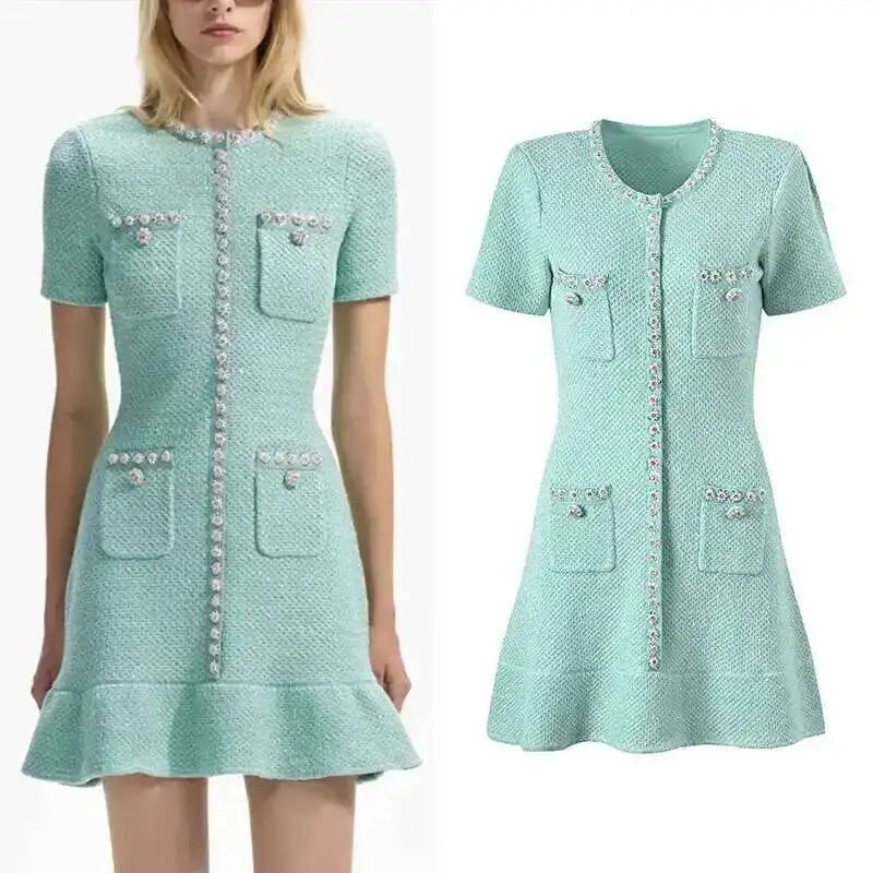 Luxury Designer Diamond Sequin Knitted Dress Women Ruffle Edge Beading Evening Party Dress