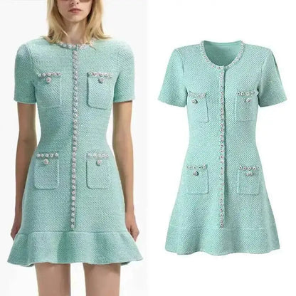 Luxury Designer Diamond Sequin Knitted Dress Women Ruffle Edge Beading Evening Party Dress