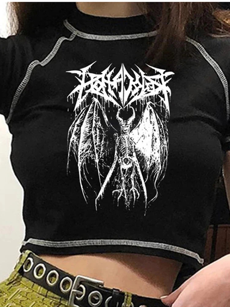 Women's T-shirt Harajuku Crop Top Retro Korean Black Demon Punk Gothic Anime Print Clothes Slim