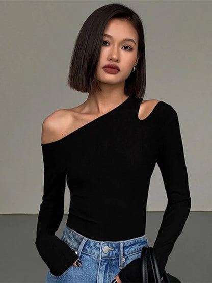Skew Collar Off-Shoulder Hollow Out Long Sleeve Crop Top