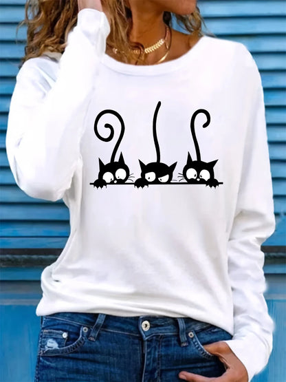 100% Pure Cotton Cartoon Cat T-Shirt Women Long Sleeve Round Neck Loose Comfortable