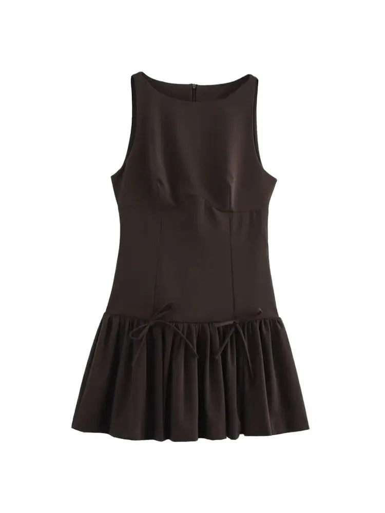 O-Neck Bow Ruffle Sleeveless Back Zipper Mini Dress