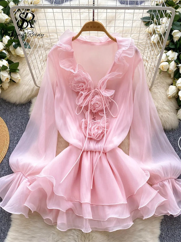 Women's 3D Floral Chiffon Dress - Long Sleeve Beach Sundress