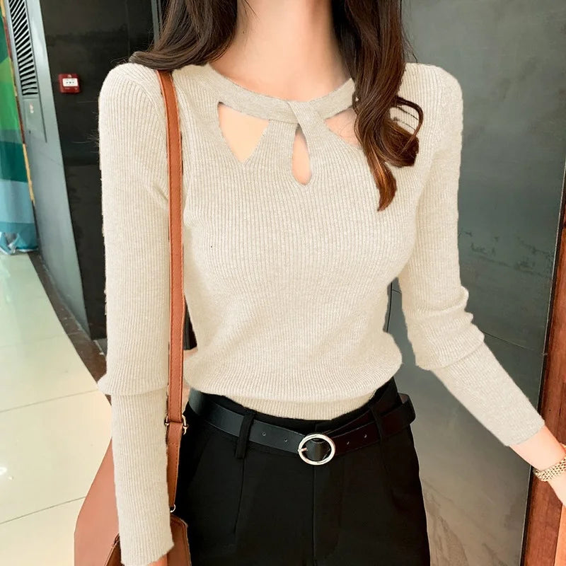 Round Neck Cut-Out Knit Sweater Long Sleeve Slim Fit Pullover