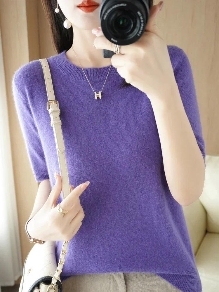 Round Neck Short Sleeve Knit Top Regular Fit Pullover