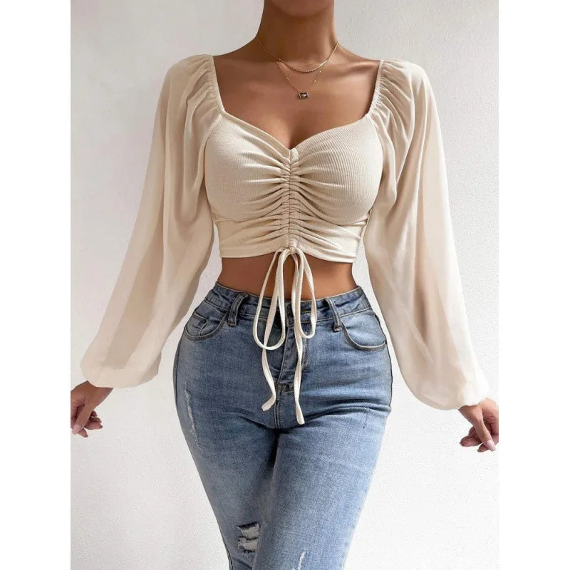Chiffon Puff Sleeve V-Neck Shirring Top