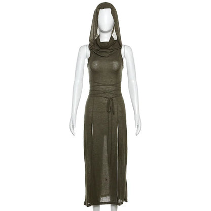 Goth Dark Cyber Gothic Hooded Dress Y2K Punk Grunge Hollow Out Midi Dress Women Split Side Streetwear