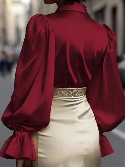 Women's Satin Blouse with Ruffled Sleeves - Office Casual Top