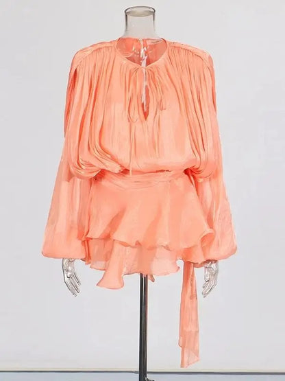 Solid Blouse Mini Dresses For Women V Neck Long Sleeve Spliced Lace Up Sweet Style Dress Female Clothing Fashion