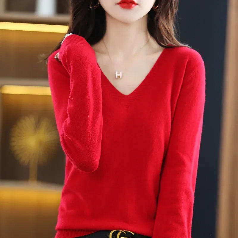 V-Neck Knit Sweater Long Sleeve Slim Fit Pullover