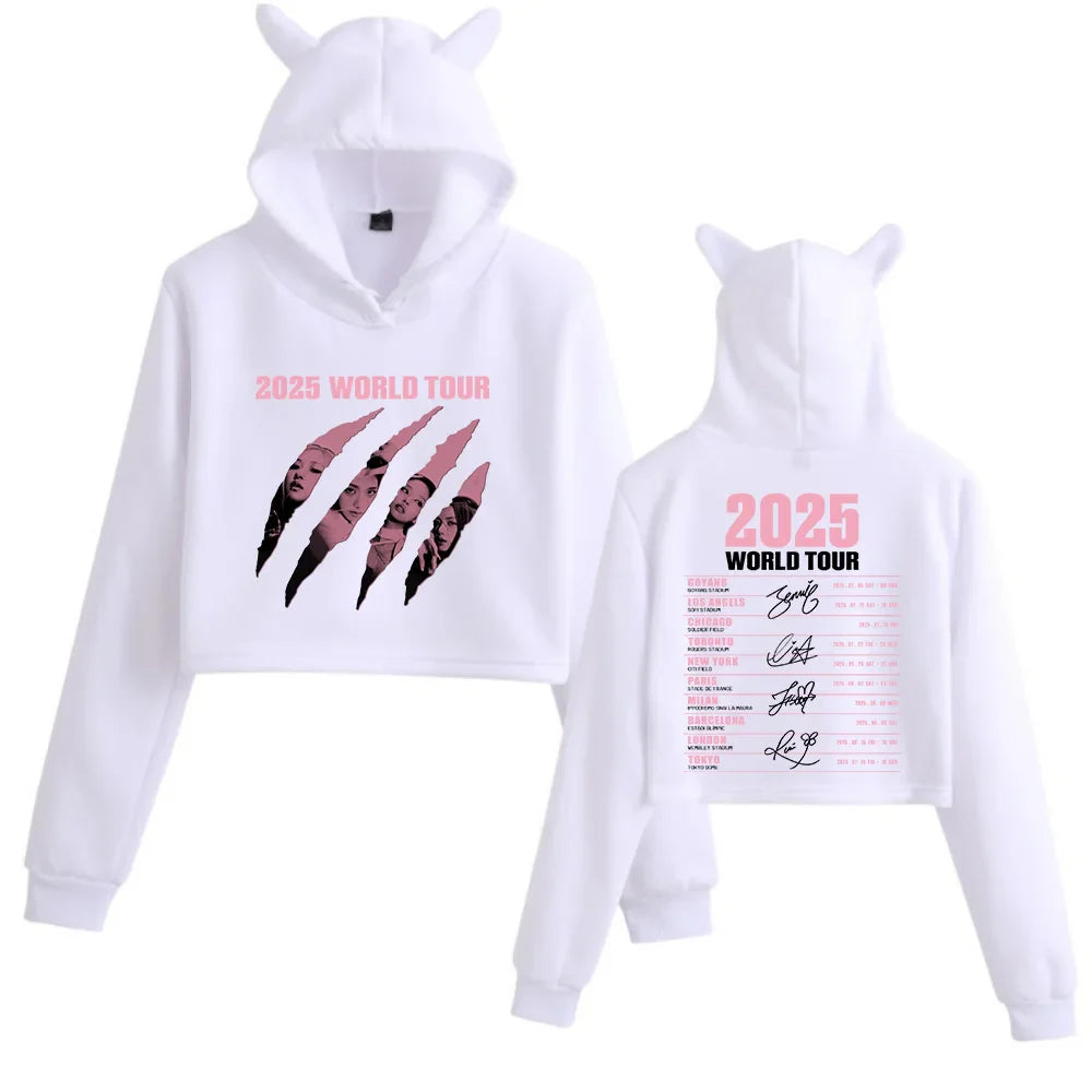 Round Neck Hooded Cropped Top Long Sleeve Regular Fit with Drawstring