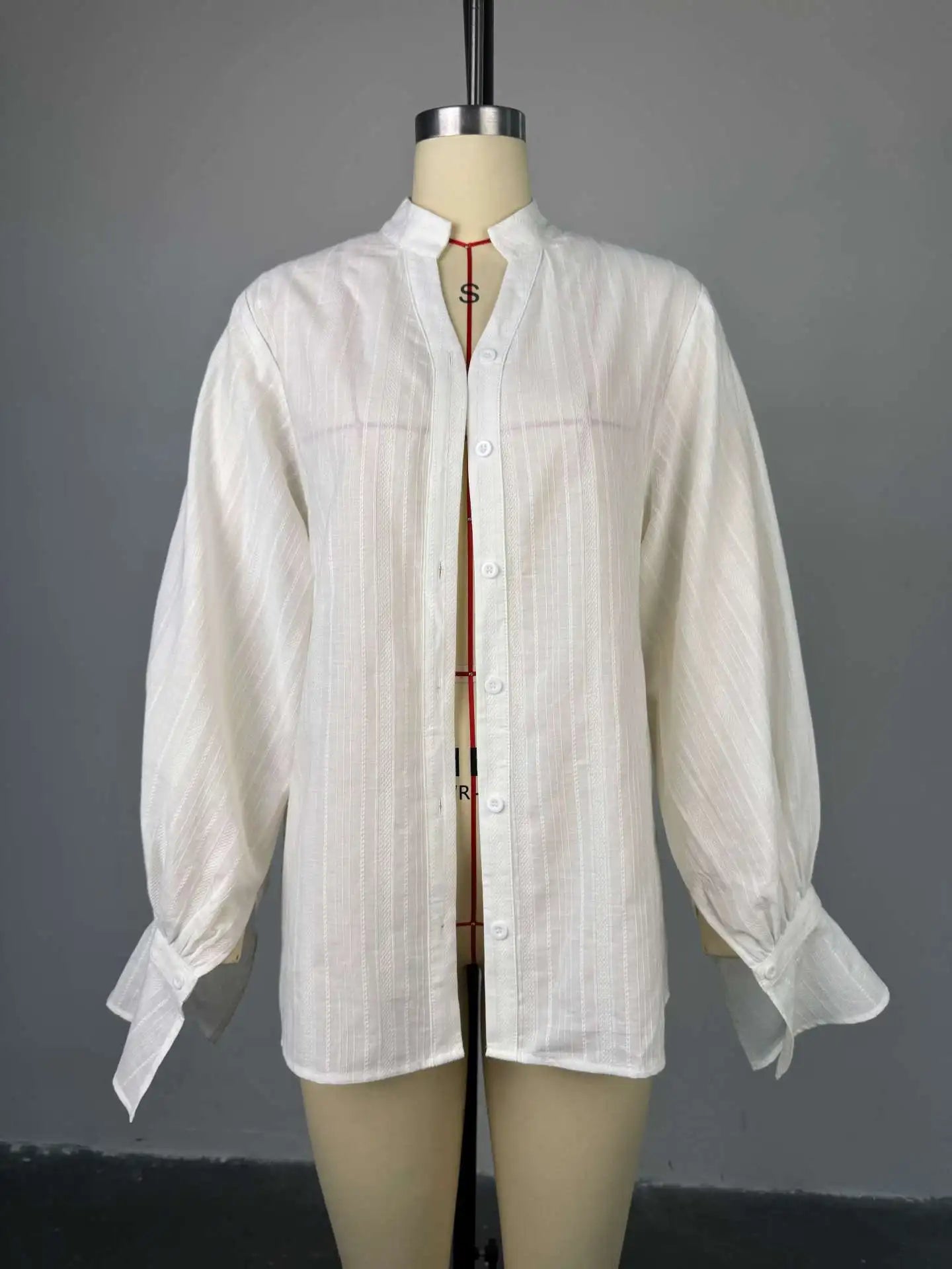 Stand Collar Button-Up Shirt Puff Sleeve Loose Fit Blouse
