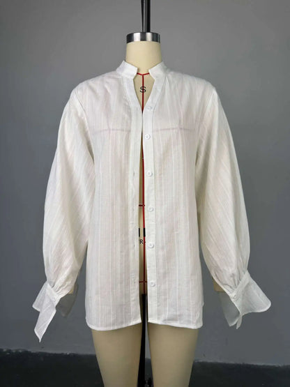 Stand Collar Button-Up Shirt Puff Sleeve Loose Fit Blouse