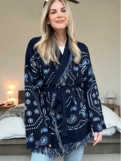 Women's Geometric Print Cardigan - Tassel Patchwork Knit Sweater