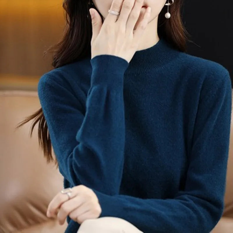 Mock Neck Cashmere Sweater Long Sleeve Loose Fit Pullover