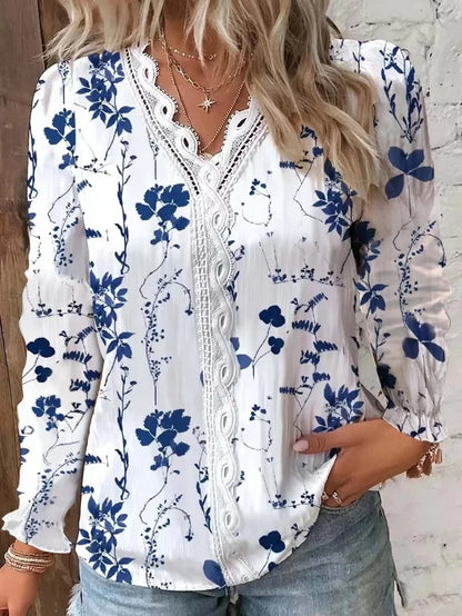 Women's Plus Size Floral T-Shirt - V-Neck Hollow Out Long Sleeve Top