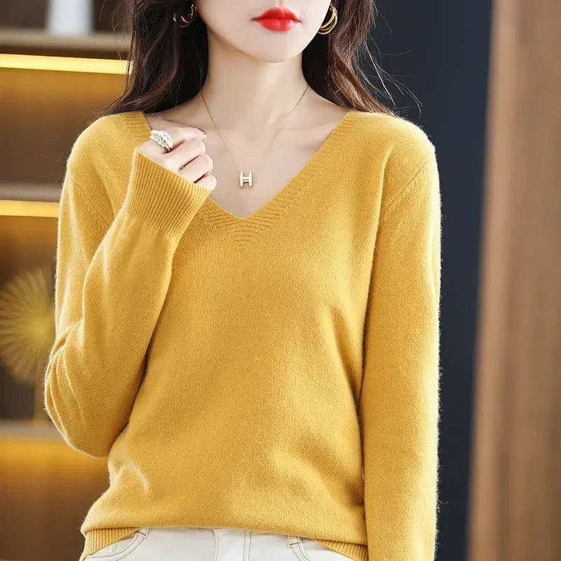 V-Neck Knit Sweater Long Sleeve Slim Fit Pullover