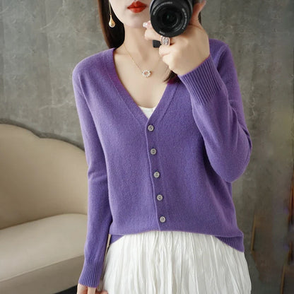 Women's V-Neck Knitted Cardigan - Loose Fit Button-Up Sweater
