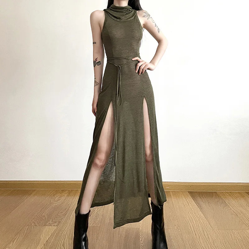 Goth Dark Cyber Gothic Hooded Dress Y2K Punk Grunge Hollow Out Midi Dress Women Split Side Streetwear
