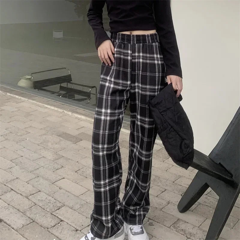 Plaid Wide Leg Plush Pants Warm Cashmere Loose Mid Waist Casual