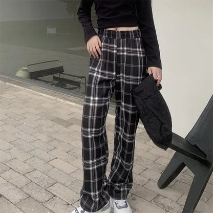 Plaid Wide Leg Plush Pants Warm Cashmere Loose Mid Waist Casual