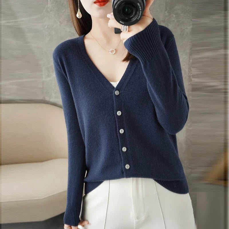 Women's V-Neck Knitted Cardigan - Loose Fit Button-Up Sweater