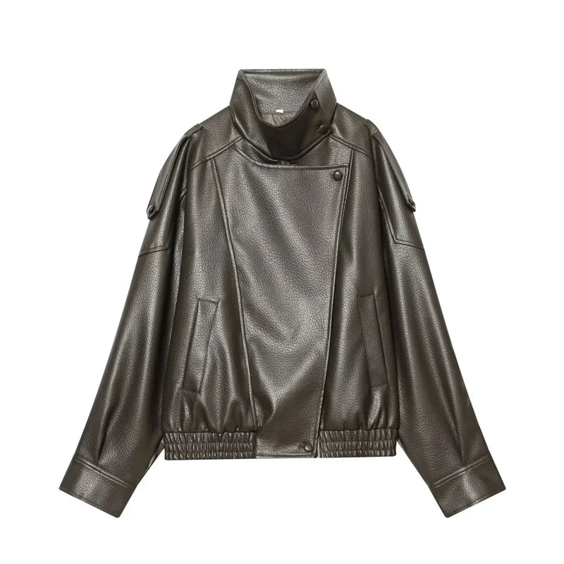 Long Sleeve Pebble Faux Leather Jacket Motorcycle Style Personality Fashion