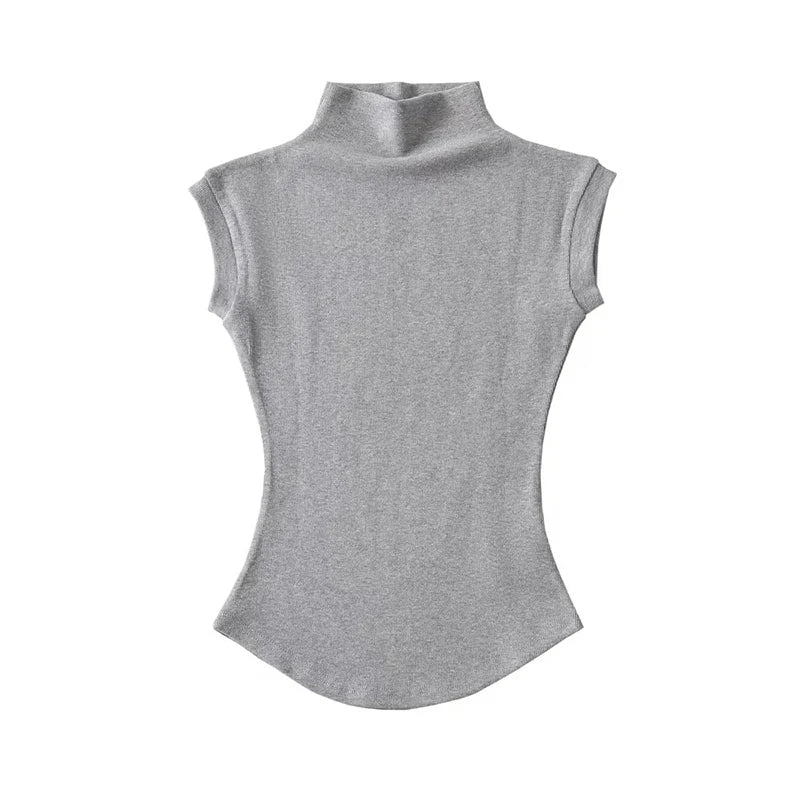 Turtleneck Sleeveless Slim Solid Stretch Tee