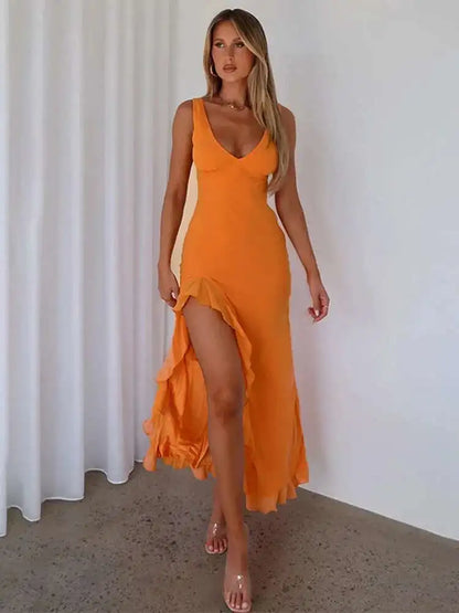 Ruffle Spaghetti Strap Backless High Split Midi Dress