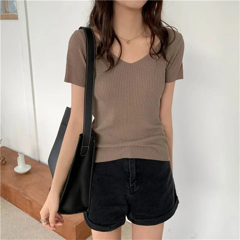V-Neck Ribbed Knit Top Short Sleeve Slim Fit Pullover
