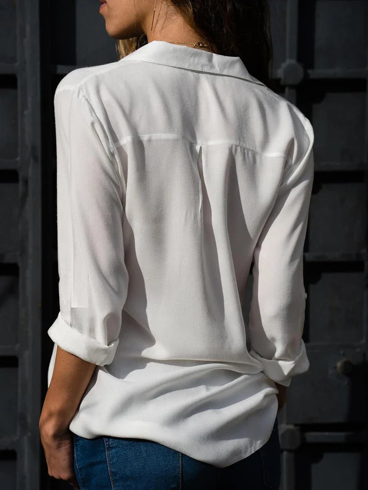 Lapel Single-Breasted Long Sleeve Loose Chiffon Blouse