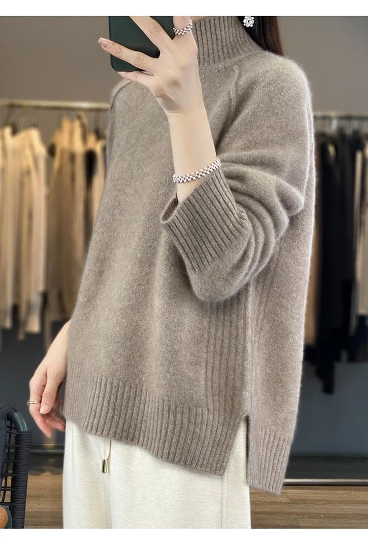 Turtleneck Cashmere Sweater Raglan Sleeve Loose Fit Pullover