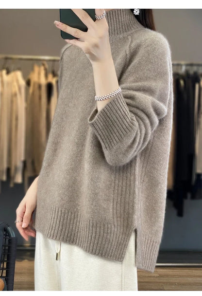 Turtleneck Cashmere Sweater Raglan Sleeve Loose Fit Pullover