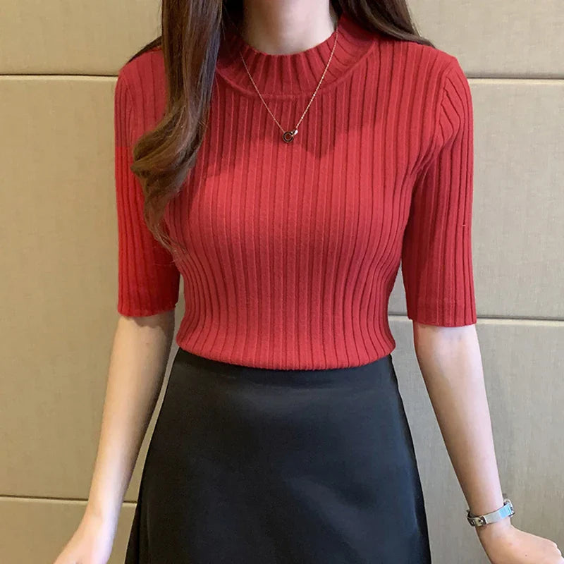 Women's Knitted Pullover - Half High Collar Short Sleeve Top