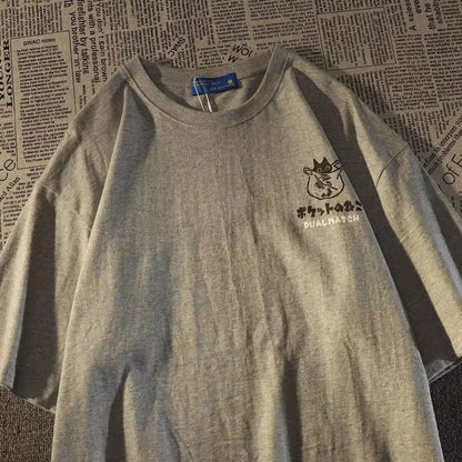 Japanese Retro Pocket Cat Print Oversized Tee