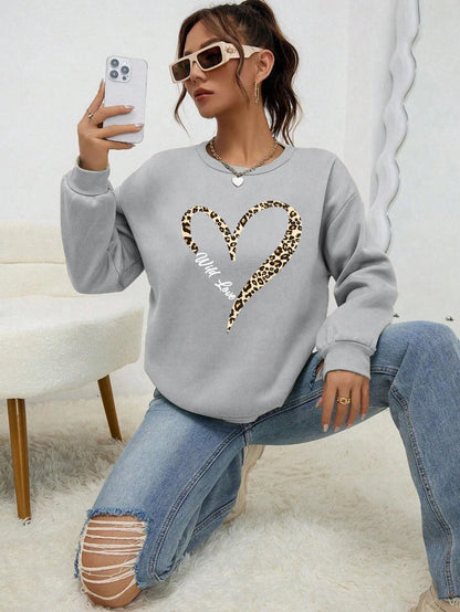 Round Neck Cartoon Print Sweatshirt Long Sleeve Loose Fit with Fur Liner
