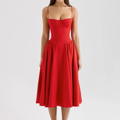 Spaghetti Strap Summer Party Midi Dress Fit and Flare Elegant Night Date Dress