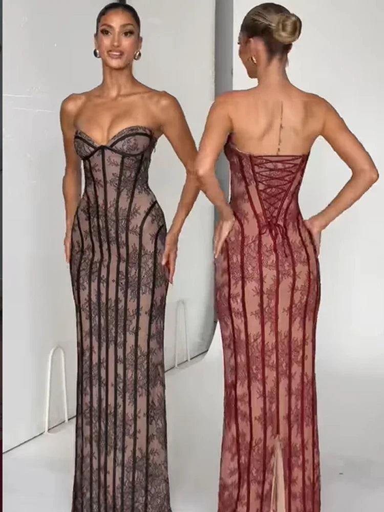 Women's Evening Dress - V-Neck Lace Patchwork Hollow Out Gown
