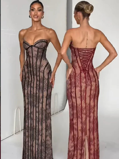 Women's Evening Dress - V-Neck Lace Patchwork Hollow Out Gown