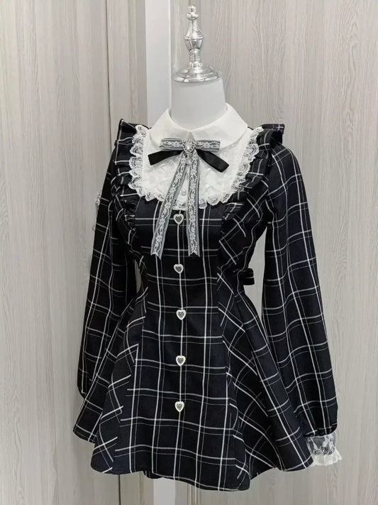 Harajuku Sweet Bow Black Plaid Dresses All-match Slim Fit Kawaii Lolita Dress