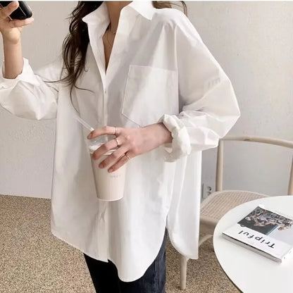 Turn-Down Collar Long Sleeve Cotton Blouse
