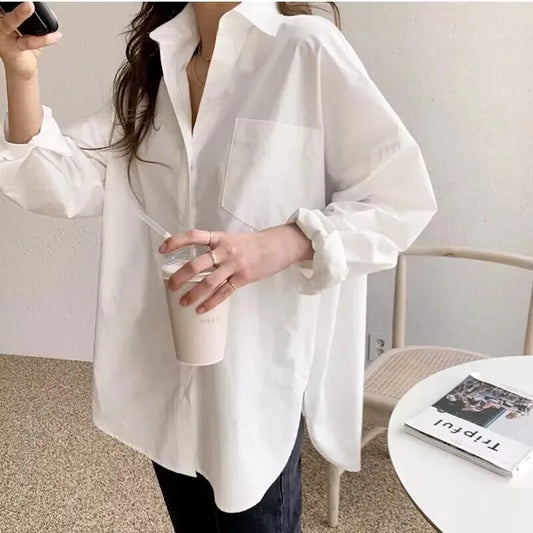 Turn-Down Collar Long Sleeve Cotton Blouse