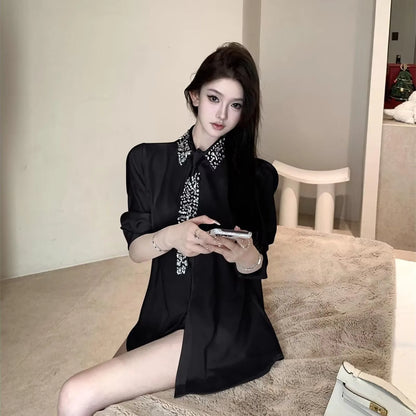 Women's White Shirt New Spring Autumn Crystal Beading With Necktie Chiffon Shirt Female Blouses Ladies Tops Women Clothing