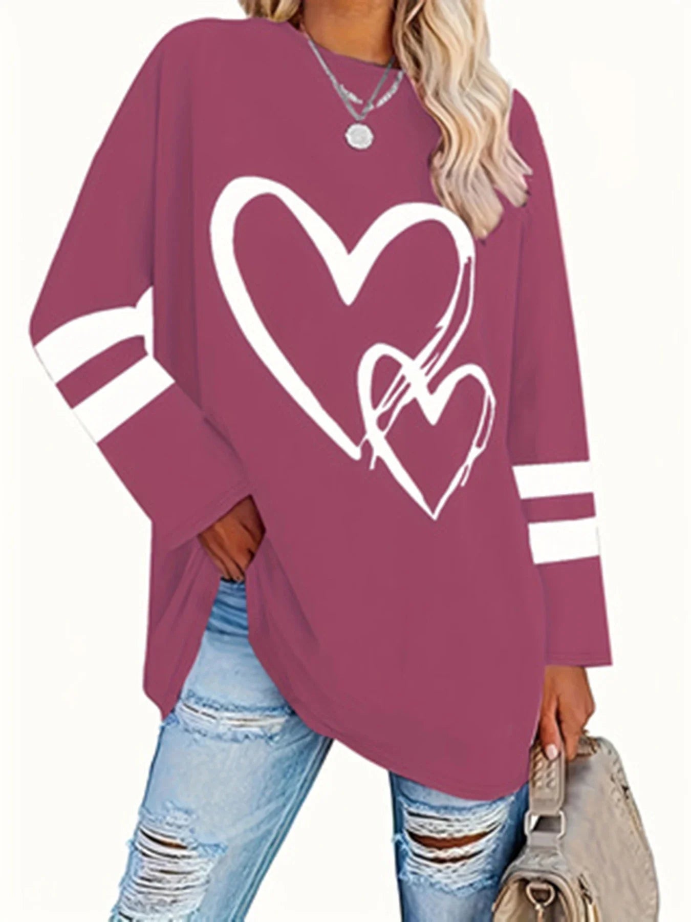 Women's Heart Print Eyelet Long-Sleeve Top