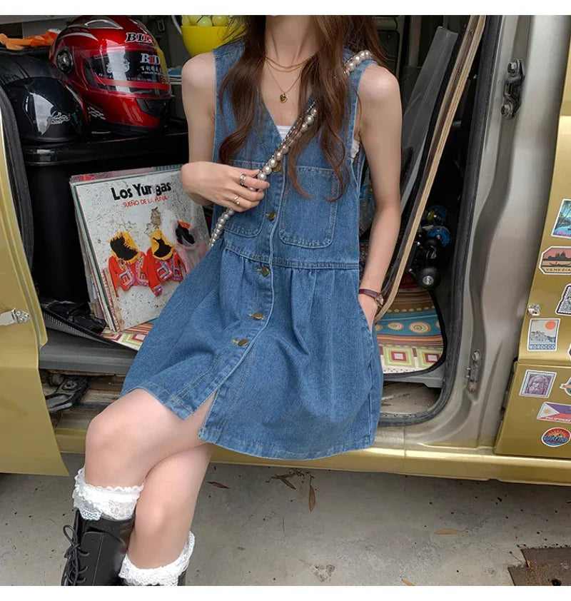 Denim V-Neck Spaghetti Strap Sleeveless Mini Dress