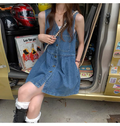Denim V-Neck Spaghetti Strap Sleeveless Mini Dress