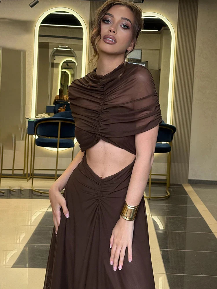 Hollow Out Short Sleeve Ruched High Waist Bodycon Maxi Dress