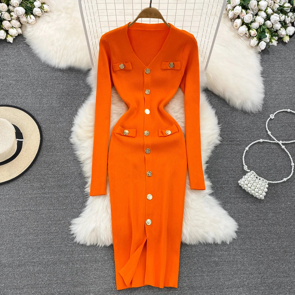 REALEFT Autumn Winter V-Neck Women's Knitted Dresses 2024 New Single Breasted Long Sleeve Solid Front Split Midi Dresses Female